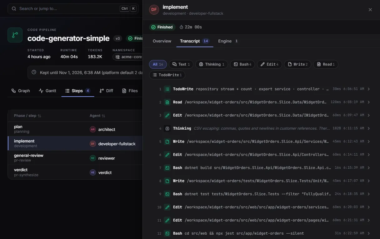 A code pipeline step transcript: the developer agent reading, editing and writing files and running builds and tests, each with its duration