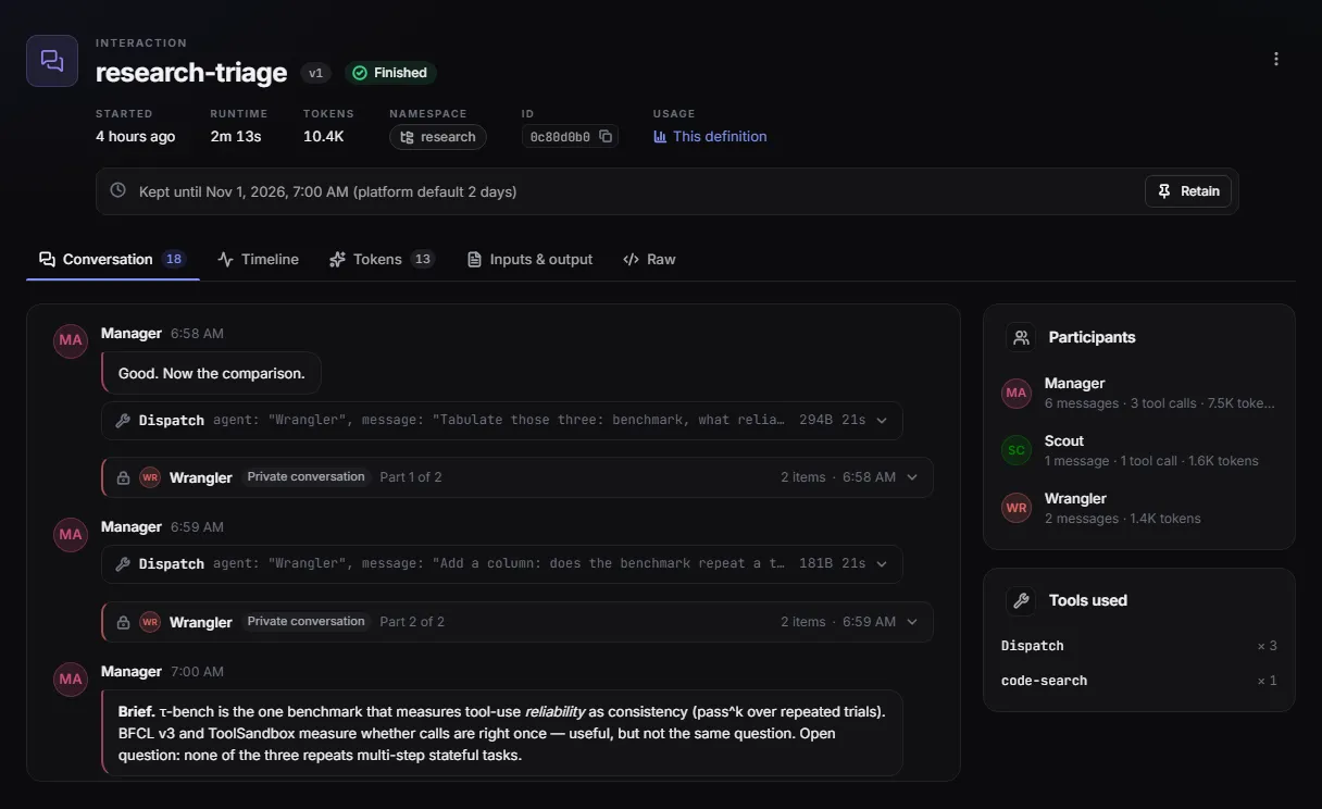 A managed team run: the manager dispatches work to a teammate in a private conversation, with tokens per participant and the tools used